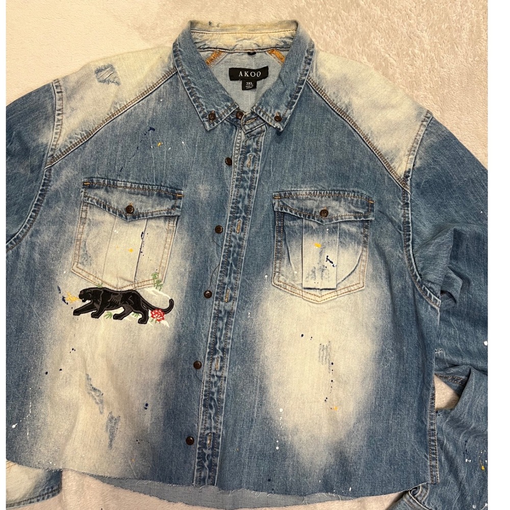 AKOO Mens Denim Shirt Embroidered Panther Fighter Plane Distressed Blue 3XL
